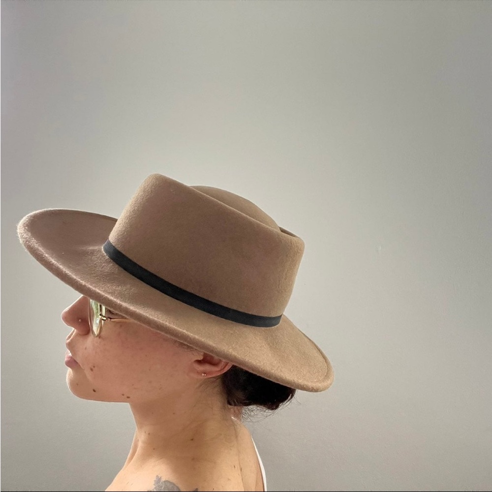 100% Wool boater Hat tan vintage style brown wide brim